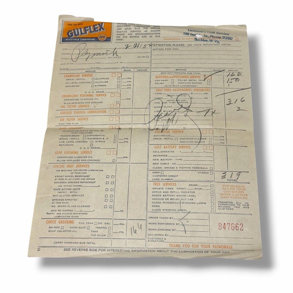 Gulflex Larimores Gulf Service Beckley West Virginia Receipt 1952 AE